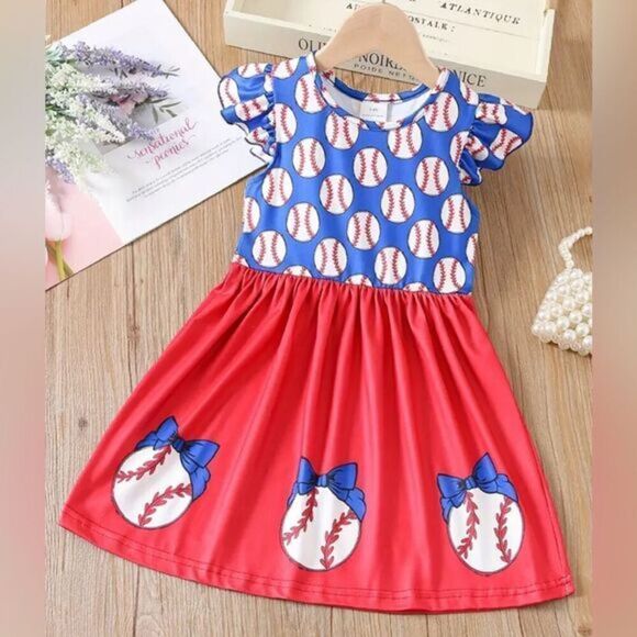 NWT Toddler Girls Blue Red Baseball Dress - Size 3/4 - Picture 1 of 3